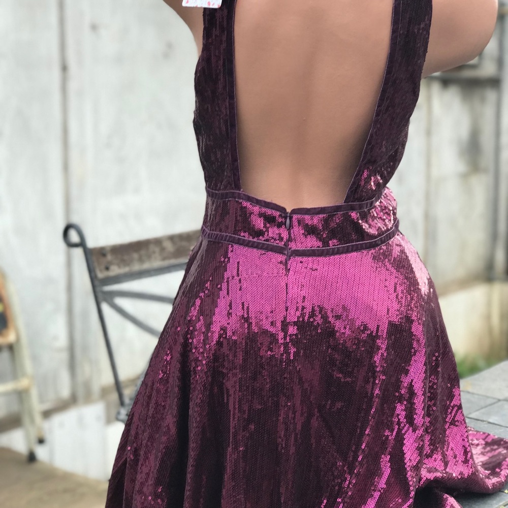 Free people Purple sequin burgundy choker mini dress holiday glam babydoll - Picture 5 of 7